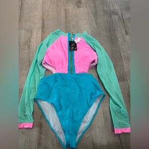 Stylish Pink and Blue Long Sleeve Swim One Piece